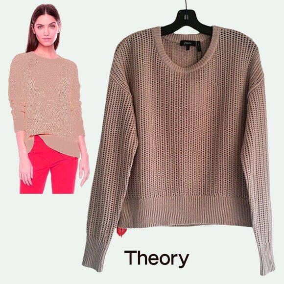 THEORY NEW Scandinavian OATMEAL MELANGE Allover Mesh Rib Trim Knit Sweater L - Picture 1 of 11